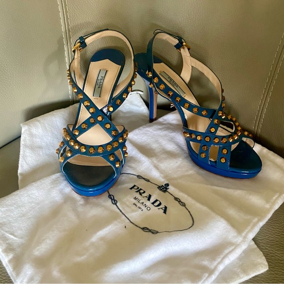 Prada Blue Leather Studded Slingback Sandals Sz 37.5, 7.5 - Picture 3 of 11